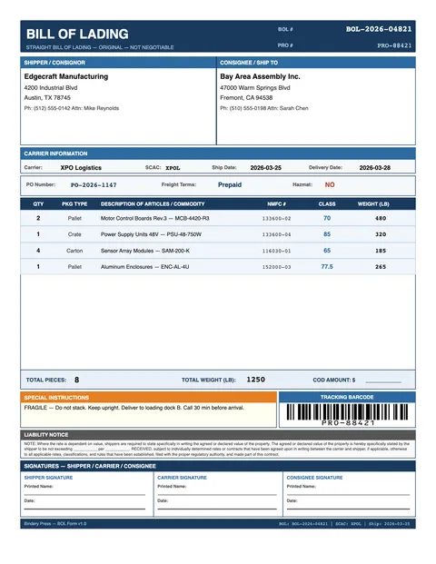 Bill of lading rendered by BinderyPress