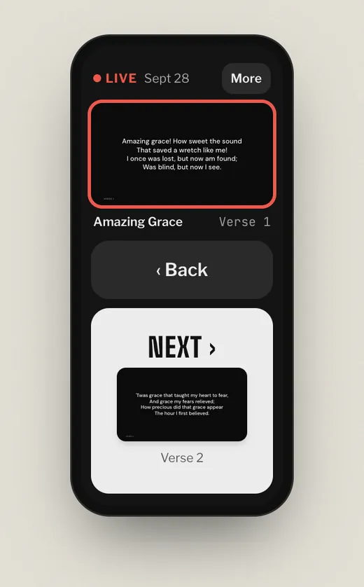Harmony's phone controller for live lyrics, with Back and Next buttons